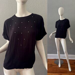 Vintage Black SAINT GERMAIN Jewel Rhinestone Top Blouse M/L